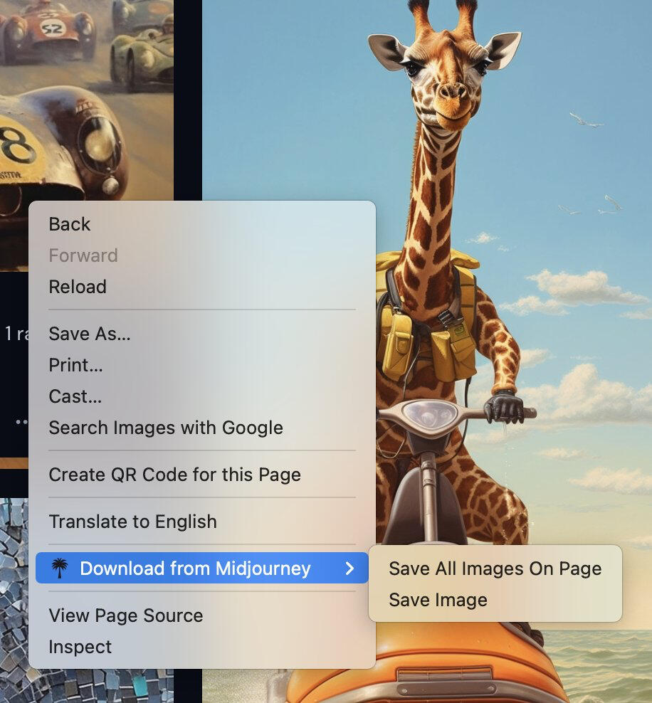 Screen shot demonstrating right click to download images from Midjourney